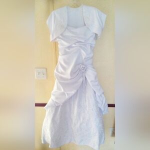 White Embroidered Lace Up Back Ruffled Women's gown with shoulder covering